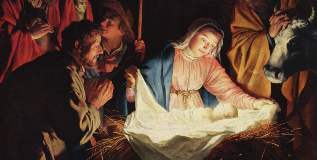 Maria våger over Jesus i krybben. Maleri af Gerard von Honthorst. Kilde: Wikimedia Commons.