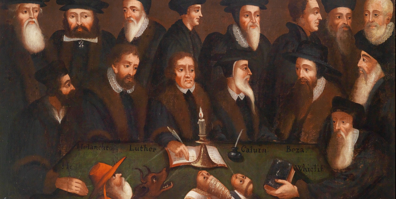 Reformatorerne Heinrich Bullinger, Girolamo Zanchi, John Knox, Huldrych Zwingli, Pietro Martir Vermigli, Martin Bucer, Hieronymus von Prag, William Perkins, Jan Hus, Philipp Melanchthon, Martin Luther, Jean Calvin, Theodore Beza og John Wyclif. I forgrunden ses en kardinal, en djævel, en pave und en munk, der forgæves forsøger at puste lyset ud. Maleri fra 1600-tallet.