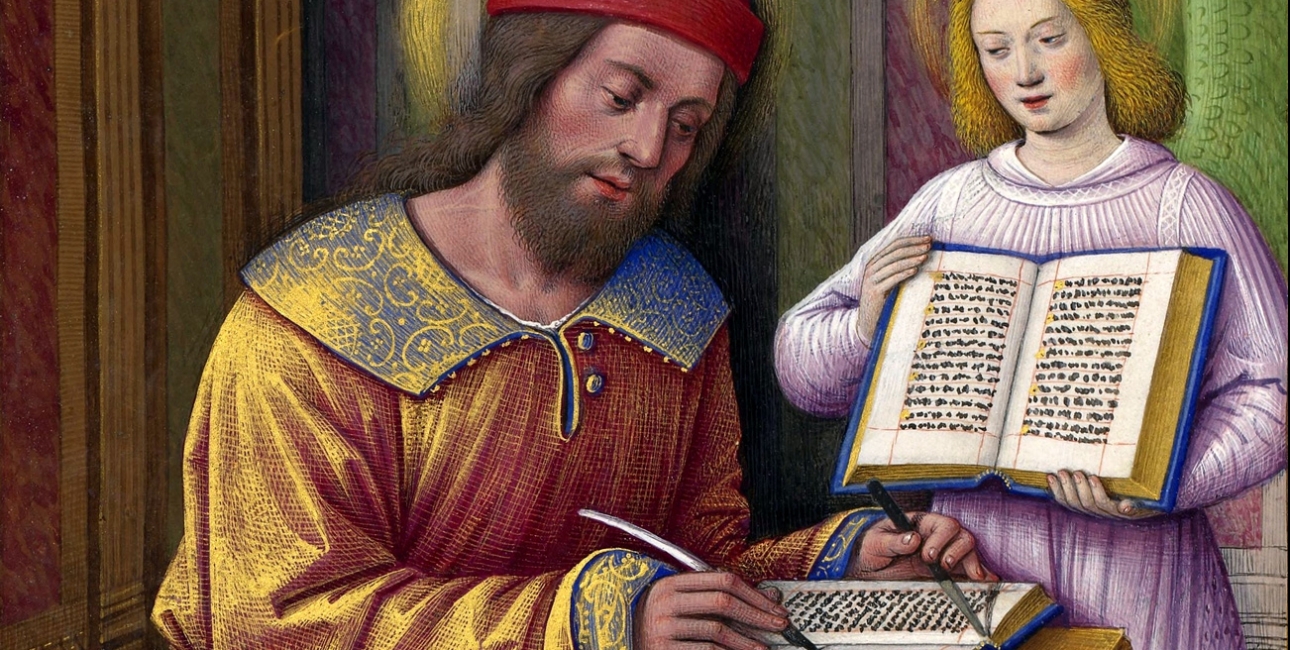 Evangelisten Matthæus. Illustration af Jean Bourdichon fra Les Grandes Heures d'Anne de Bretagne, 1503-08.