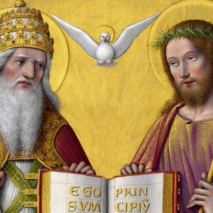 I kristendommen tror man på, at Gud er treenig. Faderen, Sønnen og Helligånden er ikke det samme, men de er samtidig ét. Helligånden afbildes ofte som en due. "The Holy Trinity" fra ca. 1503-1508 af Jean Bourdichon (1457-1521). Foto: Wikimedia commons.