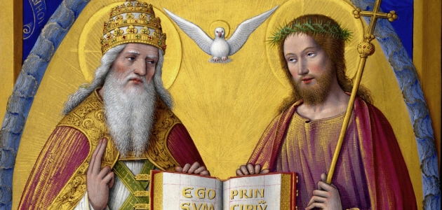 I kristendommen tror man på, at Gud er treenig. Faderen, Sønnen og Helligånden er ikke det samme, men de er samtidig ét. Helligånden afbildes ofte som en due. "The Holy Trinity" fra ca. 1503-1508 af Jean Bourdichon (1457-1521). Foto: Wikimedia commons.