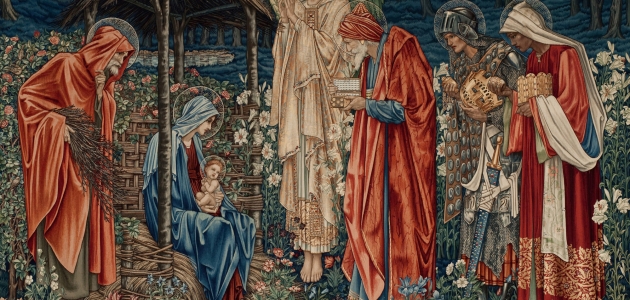 De helligtrekonger bringer gaver til Jesusbarnet. Gobelin af Edward Burne-Jones.