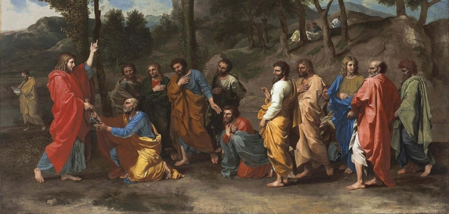 Jesus giver Peter nøglerne til himmeriget. Maleri af Nicolas Poussin, ca. 1636-40. Kilde: Wikimedia Commons.