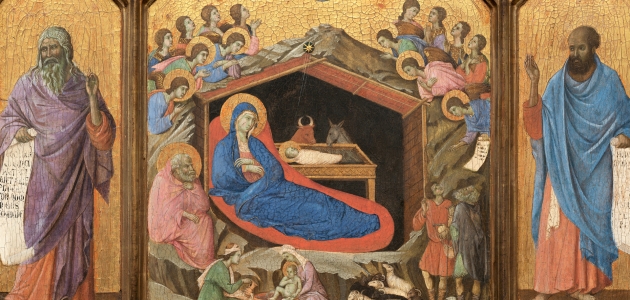 Jesus' fødsel flankeret af profeterne Esajas og Ezekiel. Maleri af Duccio di Buoninsegna ca. 1311. Kilde: Wikimedia Commons.