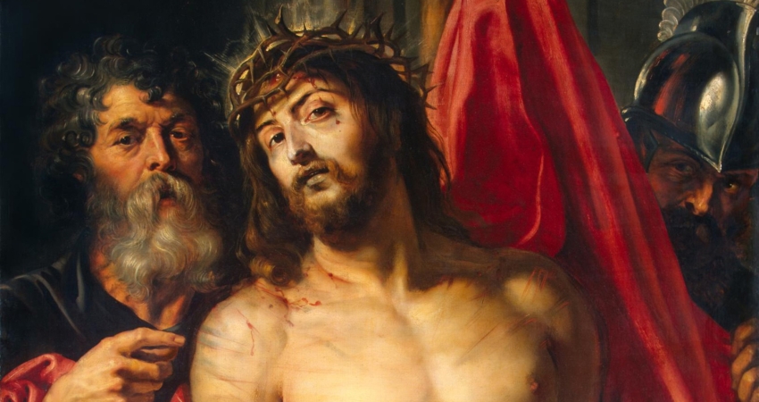 Den purpurrøde farve forekommer i Det Nye Testamente i forbindelse med rige mennesker. Det er også den farve, kappen har, da Jesus ”krones” som konge af de romerske soldater. Maleri af Peter Paul Rubens, 1612. © Wikimedia Commons.